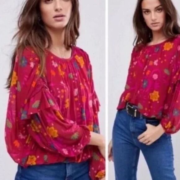Free People Floral Chiffon Ruffled Blouse XS - Picture 1 of 9